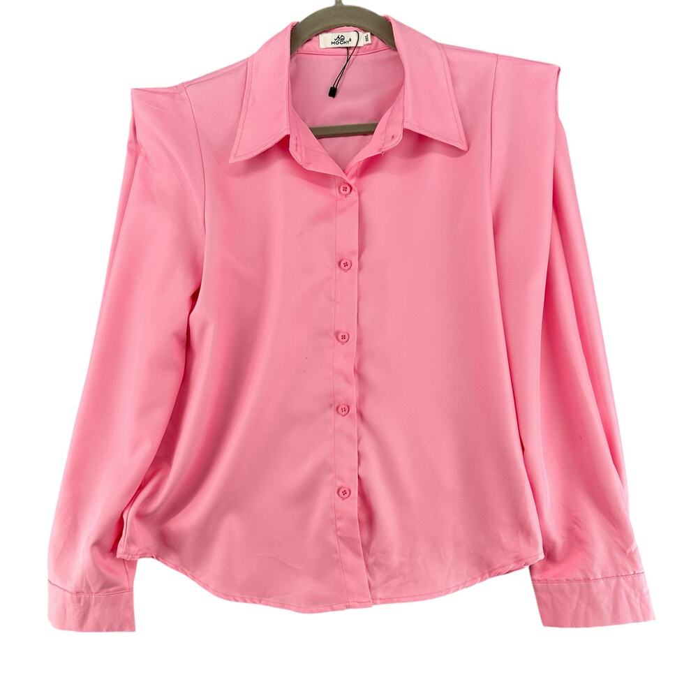 Mochy Vintage Y2K Square Shoulder Hot Pink Blouse Button Down M / L Career - Picture 2 of 6
